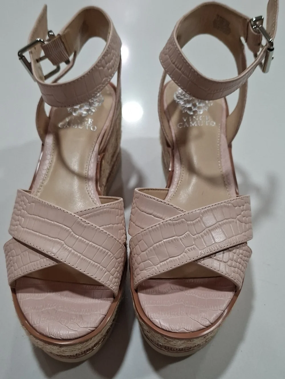 Vince Camuto Blush Croc-Embossed Ankle-Strap Wedges